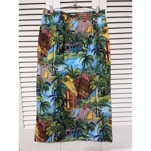 Sharon Young Dresses & Skirts - Vtg Sharon Young Tropical Hawaiian Tiki Print Straight Pencil Midi Skirt 14